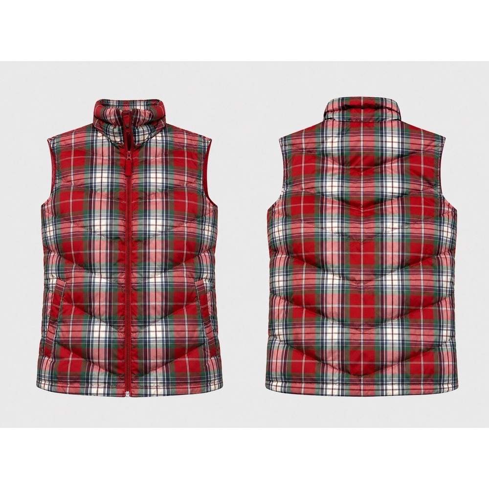 Lands' End Down Puffer Vest Women's Size XS Red Plaid Pockets Full Zip Lined